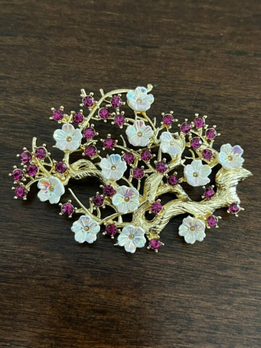 Cherry Blossom Brooch Rhinestones Gold Tone Setting NWOT